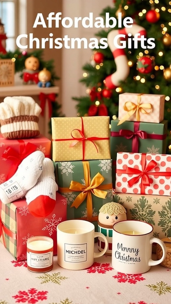 A variety of budget-friendly Christmas gifts including candles, mugs, and socks on a festive table.